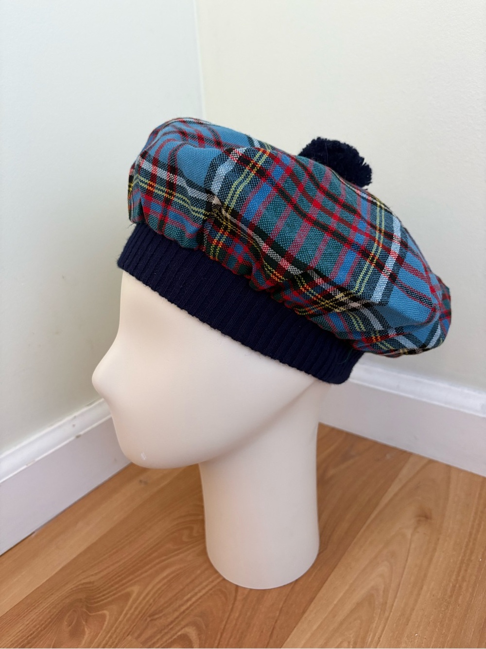 Plaid Blue Beret with Pom Pom Made in Scotland 100% pure wool